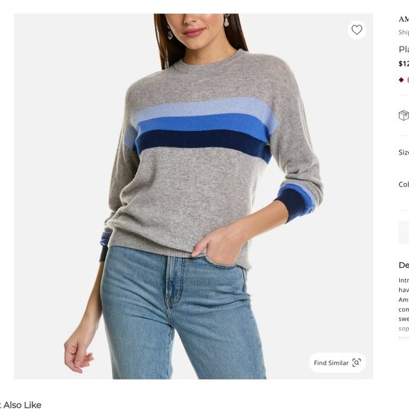 Amicale's Women's Cashmere Crewneck With Stripe,Blue - Blue / XL - Picture 3 of 3